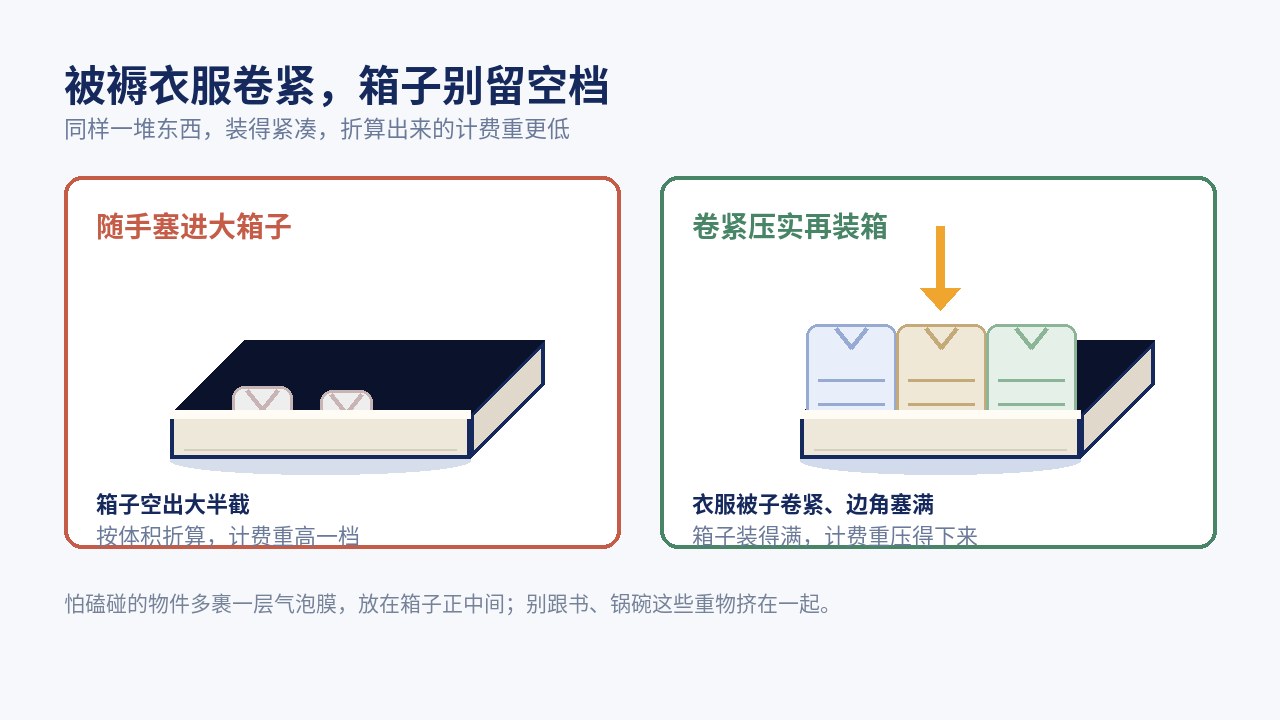 羽绒服棉被卷紧装进箱子，重物单独一箱，边角的缝用旧衣服塞满