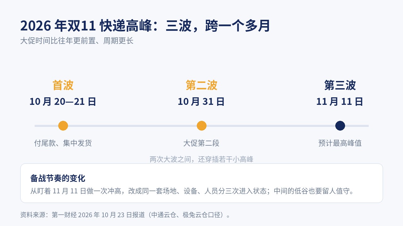 2026年双11三波高峰时间轴：10月20日至21日首波、10月31日第二波、11月11日第三波并达到峰值，期间穿插约日常1.5倍的小高峰