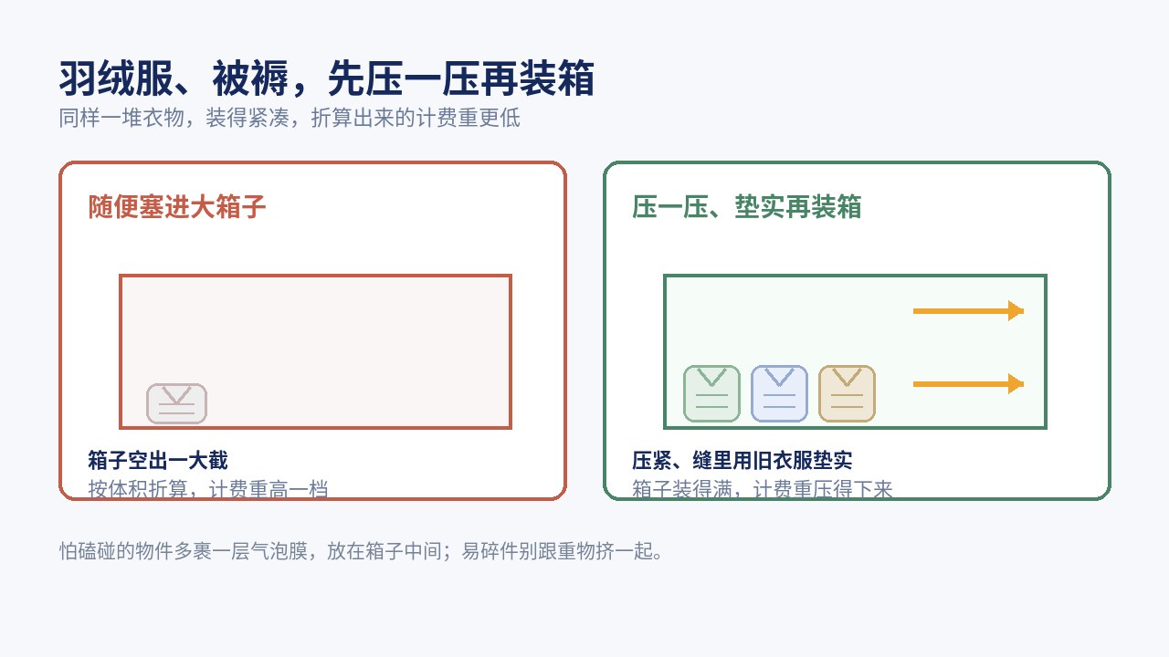 羽绒服、被褥先压一压，装进大小合适的箱子，缝隙用旧衣服垫实