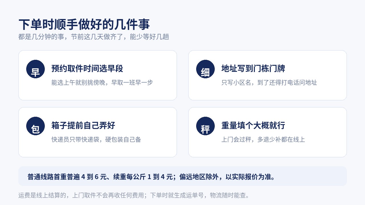下单时顺手做好的几件事：预约取件时间选早段、地址写到门栋门牌、箱子提前自己弄好、重量填个大概