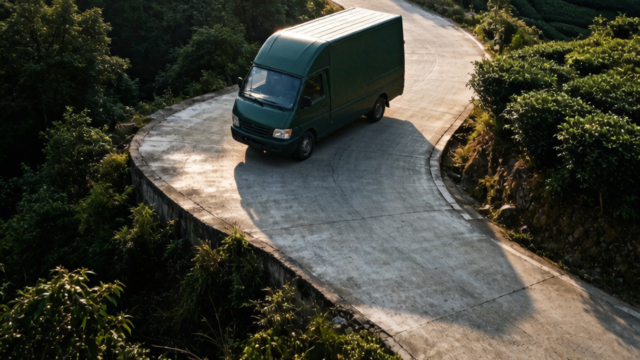 山区盘山公路上行驶的绿色邮政投递车，两侧是树林和茶山梯田