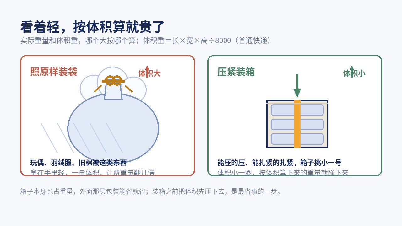 蓬松的旧玩偶和羽绒服照原样装袋，按体积算下来的重量会翻好几倍；压紧装箱后体积小一圈，运费跟着降下来