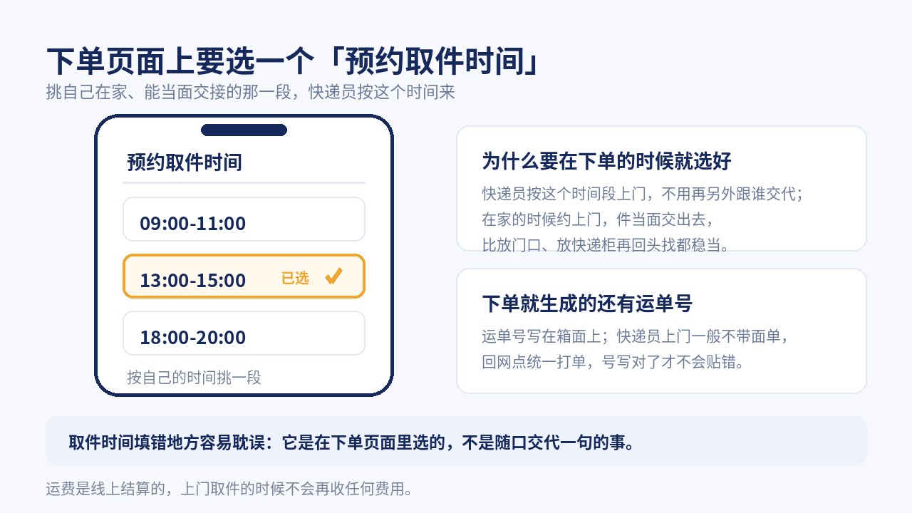 下单页面上选一个预约取件时间：挑自己在家的时间段，快递员按约好的时间段上门